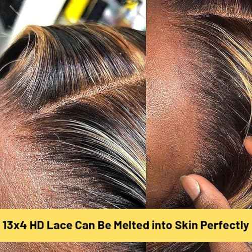 Highlight Ombre 13x4 Lace Front Wig Human Hair Pre Plucked HD Transparent 4/27 Honey Blonde Lace Front Wig with Baby Hair 180% Density Colored Water Wave Wig for Women 22 Inch