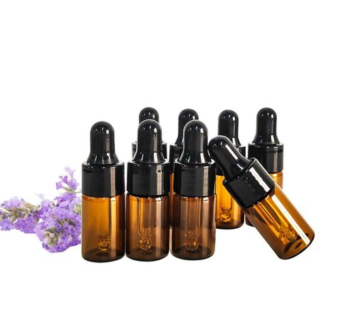 PYAWI 50Pcs Amber Glass Mini Dropper Bottle 1/3ml Amber Essential Oil Bottles Vials Travel Cosmetic Sample Container Liquid Perfume Eye Droppers Bottle (3ml)
