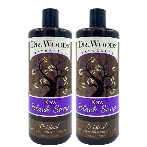 Dr. Woods Raw Liquid Black Soap, Body Wash for Men and Women, Gentle Exfoliant, Natural Cleanser for Face, Hands, and Body - 32 Fl Oz, Pack of 2