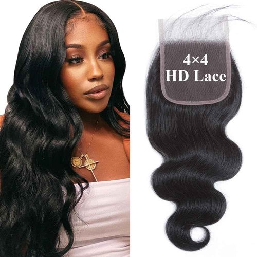 4x4 Lace Closure Body Wave Human Hair Transparent Lace Closure Human Hair 100% Unprocessed Brazilian Virgin 150% Density Body Wave Natural Black 22Inch