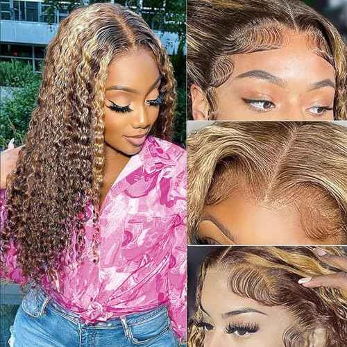 13x6 Highlight Deep Wave Lace Front Wigs Human Hair Ombre 4/27 Curly HD Lace Frontal Wig for Women 180% Density Pre Plucked Glueless Honey Blonde Wig 18 Inch