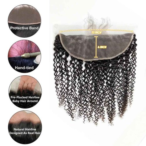 13x4 Lace Frontal Closure Kinky Curly Ear to Ear HD Lace Frontal Pre Plucked with Baby Hair 16 Inch Free Part Brazilian Human Hair Extensions 150% Density Natural Black
