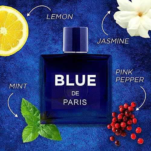 NovoGlow Blue De Paris For Men - 3.4 Fl. Oz. 100ml Men's Perfume Carrying Pouch - Refreshing Combination of Woody Floral & Fruity Scents - Masculine Scent Lasts All Day A Gift for Any Occasion