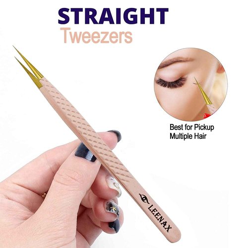 Eyelash Extension Tweezers Micro Fiber Tip (Anti – Slip) Set of 2 pieces straight & curved with Diamond Grip, Rainbow Colour,14cm, volume Tweezers, Lash Extension Precision tweezers. (Peach)