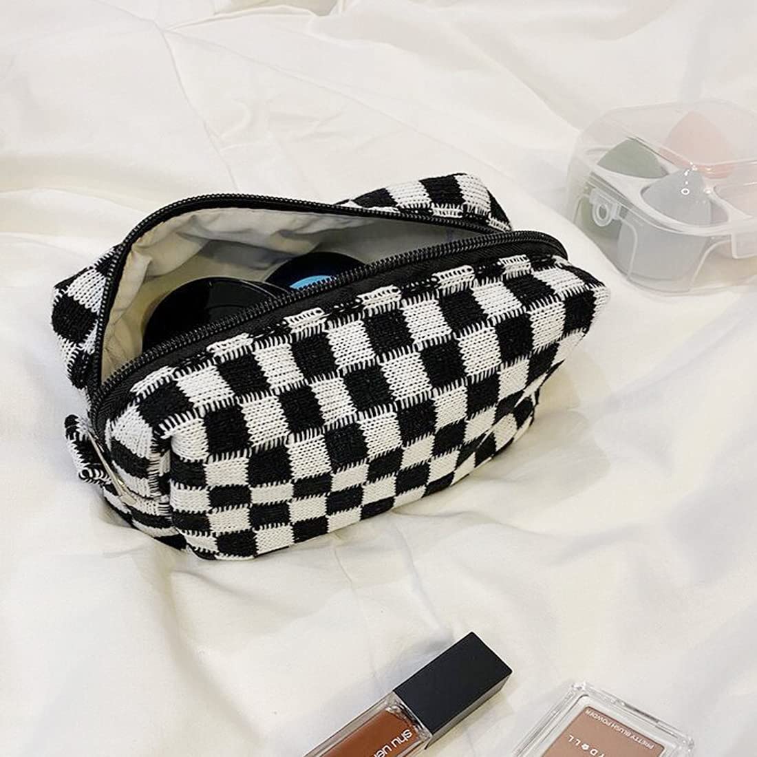 SxoSyo 2 Pcs Cosmetic Bags for Women Makeup Bag Purse Travel Toiletry Zipper Storage Pouch Make up Brushes Organizer for Gifts (Checkered, Black 2)