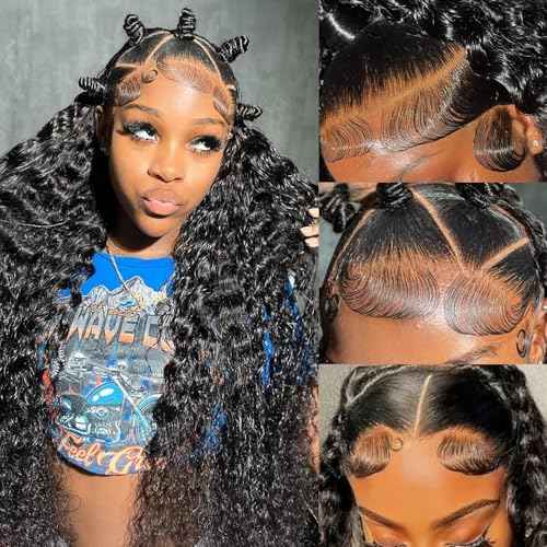 13x6 Deep Wave Lace Front Wigs Human Hair 200 Density Pre Plucked HD Transparent 100% Lace Frontal Wigs Deep Curly Wet and Wavy lace front human hair Wigs for Women£¨ 30 inch £¬ Natural Black£©