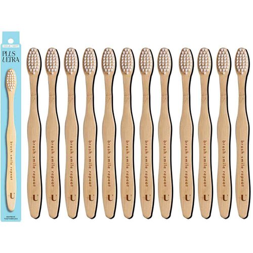 Kids Biodegradable and Eco-Friendly Bamboo Toothbrush 12-Pack - BPA Free Soft Bristle - Dentist-Approved and All-Natural with "Brush Smile Repeat" Etched on Handles by Plus Ultra