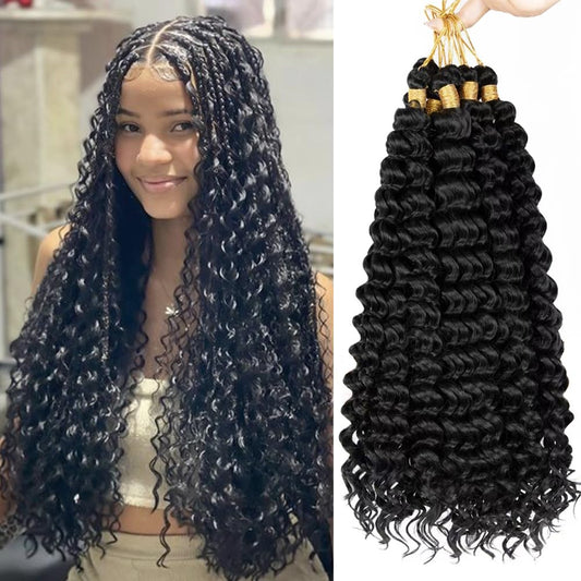 Deep Wave Crochet Hair 16 Inch 6 packs Long Curly Braiding Hair Extensions Ocean Wave Crochet Hair For Black Women Synthetic Ocean Wave Curly Crochet Hair For Boho Box Braids (1B, 16inch, 6pack)