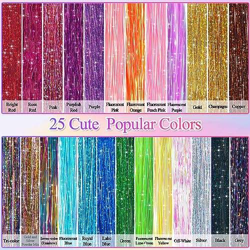 25Colors Fairy Hair Tinsels Kit 5000 Hair Glitter Strands 48Inch Heat Resistant Tinsel Hairs Extension Sparkling Shiny Highlights Hairs Tinsel with Tools for Christmas Halloween New Year Cosplay Party