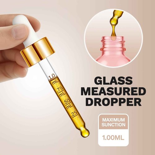 Bumobum 1 oz Dropper Bottle, Pink Glass Dropper Bottle with Glass Measured Dropper & Golden Cap, Empty Eye Tincture Bottles with Funnel & Labels for Essential Oils Serums Tavel Liquids, 4 Pack