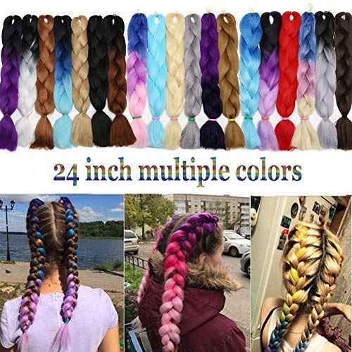 Ombre 24 inch Jumbo Braid Hair Extensions Rainbow Jumbo Box Braids Crochet Hair Long for Women Kids DIY High Temperature Synthetic Fiber 4 Tones Purple+Blue+Yellow+Orange 5 Bundles