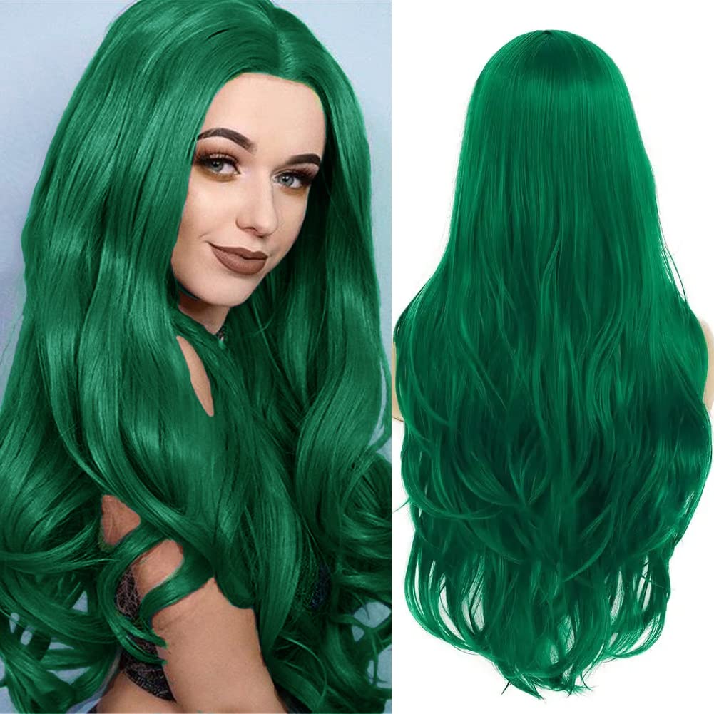 Swiking Long Curly Green Wig for Women Charming Long Wavy Heat Resistant Fiber Synthetic Hair for Cosplay Halloween Party Use(Green)