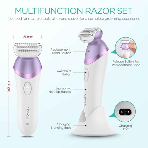 VOYOR Electric Razors for Women 4 in 1 Bikini Trimmer, Foil Shaver for Women 4 Replacement Heads for Body, Pubic Hair Trimmer, Cleansing, Massage 2 Adjustable Speeds Rechargeable Shaver ES501 (Purple)