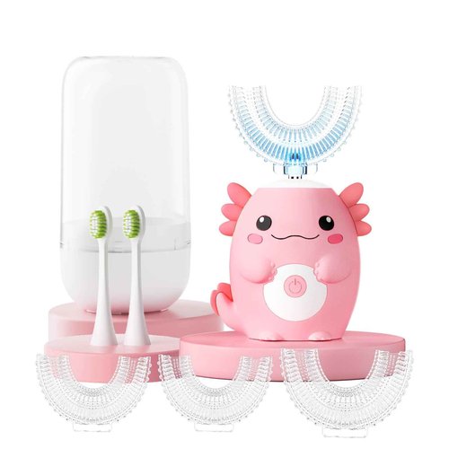 PVOGRT Kids Electric U Shaped Toothbrush - Axolotl Kids Sonic Toothbrush with 6 Brush Head Automatic Rechargeable 6 Cleaning Modes Full Mouth Cleaning-Pink