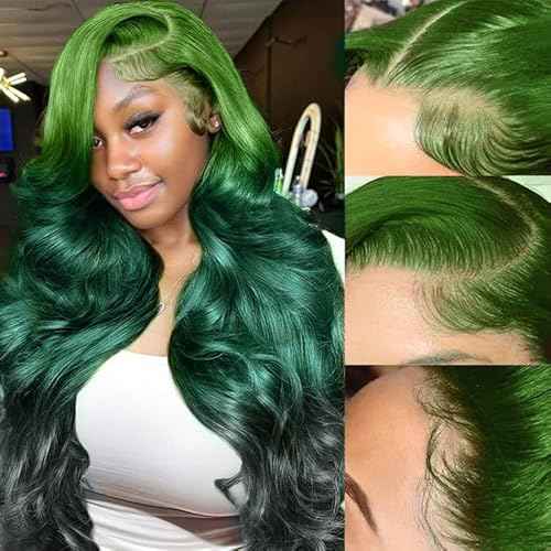 Green Ombre Lace Front Wig Human Hair Body Wave 13x4 HD Glueless Lace Front Wigs 3 Tone Light Green to Dark Green Colored for Fashion Women 180% Density 24 Inch