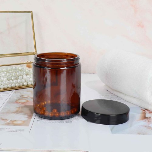 Waymind 12 Pack 8 oz Amber Round Glass Jars, 240 g Empty Cosmetic Containers with Inner Liners, Black Plastics Lids Glass Jars with Lables for Cosmetics, Face Cream, Lotion, Ointments and DIY Candle