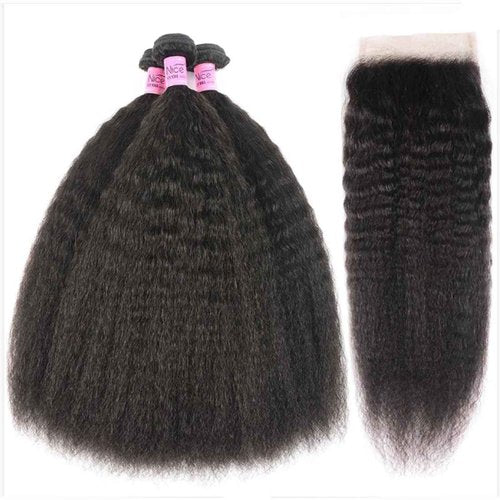 OLFORY 5x5 HD Lace Closure Kinky Straight Human Hair Yaki Straight 12A Brazilian Virgin Remy Frontal With Bundles 100% Human Hair 14 Inch