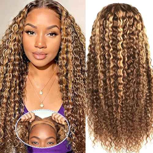 Ombre Highlight Wear and Go Glueless Wigs Human Hair Pre Plucked Pre Cut Deep Wave Lace Front Wigs Human Hair Wigs 4x4 Lace Closure Wigs Human Hair 180% Density Curly Wigs Human Hair Wigs 22 Inch