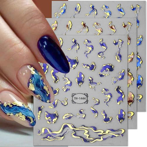 3D Gild Stamping Marble Nail Stickers, Blue Purple Marble Nail Art Stickers Bronzing Gold Nail Decals for Nail Art Supplies, Irregular Ribbon Nail Sticker Nails Design Self Adhesive Stickers for Nails