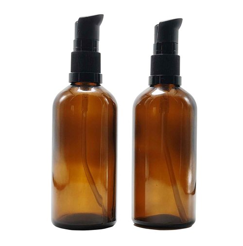 UPSTORE 2Pcs (100ml/ 3.4oz) Amber Glass Empty Pump Press Bottles with Cap Refillable Portable Bottle Vial Case Makeup Pot Jar Travel Sub Bottling for Lotion Essence Emulsion Essence Serum Shampoo