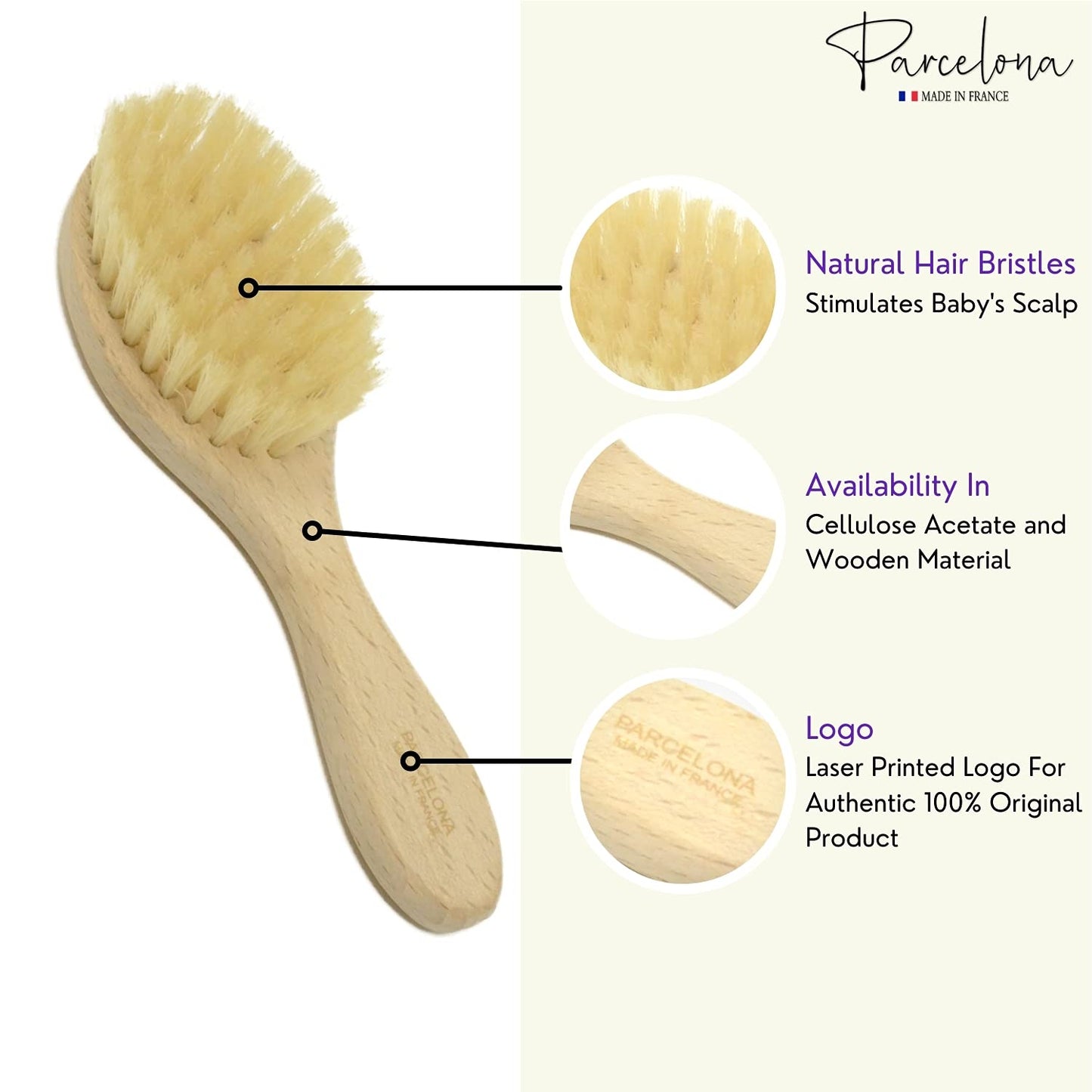 Parcelona French Grooming Wooden 6" Celluloid Soft Natural Silk Bristles Baby Brush for Girls and Toddlers Styling Girls Hair Accessories (Wooden Brown)