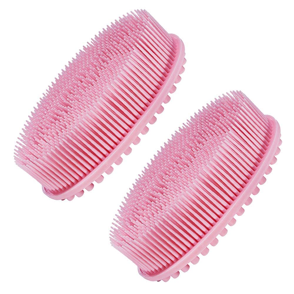 Exfoliating Silicone Body Scrubber 2 in 1 Silicone Shower Brush Natural Bristle Massager Bath Sponge Gentle Scrub Skin Exfoliation For Face and Body Massage Nubs Improve Blood Circulation Set of 2