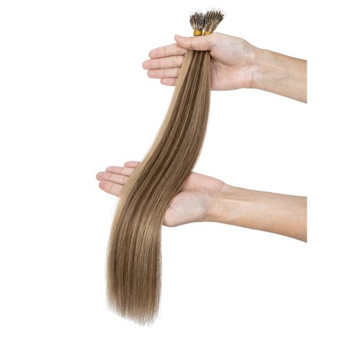 TESS Nano Bead Human Hair Extensions, Nano Ring Hairpieces Nano Tip Hair Extensions Pre-Bonded Seamless Look 50pcs/pack, 18 inch, #4RP27R Chocolate Brown Mixed Light Brown