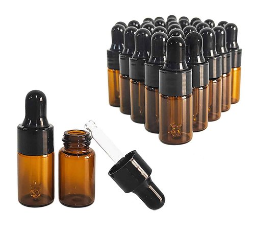 PYAWI 50Pcs Amber Glass Mini Dropper Bottle 1/3ml Amber Essential Oil Bottles Vials Travel Cosmetic Sample Container Liquid Perfume Eye Droppers Bottle (3ml)