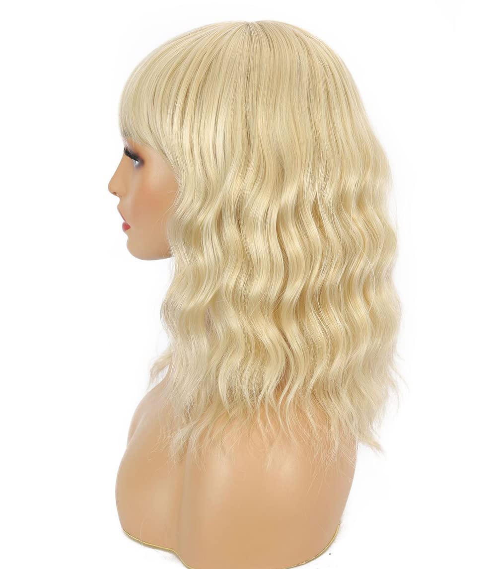 Sharebeauty Synthetic Bob Wig for Women Natural Wavy Curly Full Wig with Bangs Pale Gold