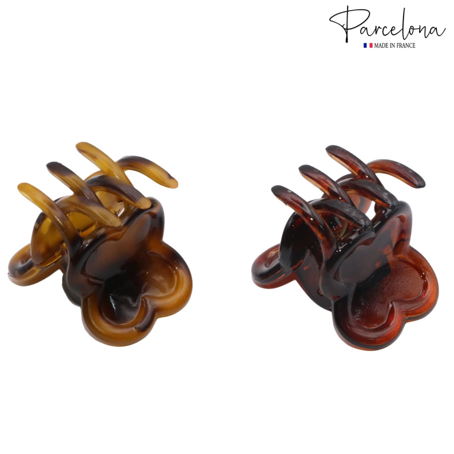 Parcelona French Petunia Mini 1" Celluloid Acetate Set of 2 Covered Spring Jaw Hair Claw Clip for Fine Hair with Very Tight Grip Women Hair Accessories, Made in France(Tortoise Shell Brown and Savana)