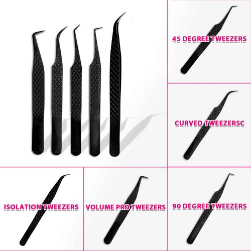 TDANCE Lash Tweezers for Eyelash Extensions, Diamond Grip 90 Degree Fiber Tip Lash Tweezers for Volume Lashes Make Fans, Stainless Steel Lash Extension Tweezers(Black-05)