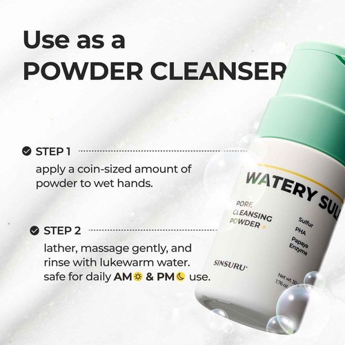 SINSURU Watery Sulfur Pore Cleansing Powder, Korean Enzyme & Rice Powder & PHA Face Wash for Blackhead Removal, Sensitive and Acne-Prone Skin, Radiant Glow, Bumpy skin (1.76 oz / 50g)