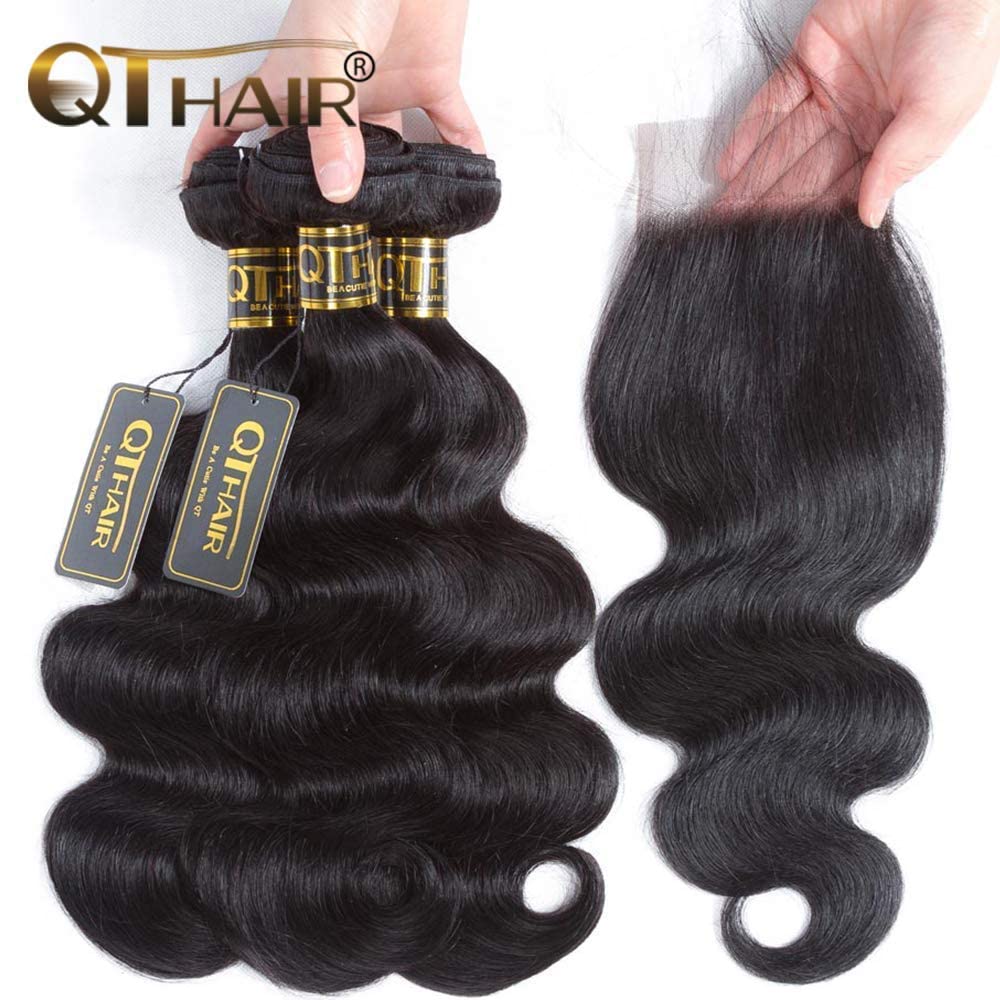 QTHAIR 14A Grade Brazilian Body Wave Human Hair Bundles with Closure Human Hair Weave with Closure (14" 16" 18" with 12") 100% Unprocessed Brazilian Virgin Hair 4x4 Swiss Lace Closure