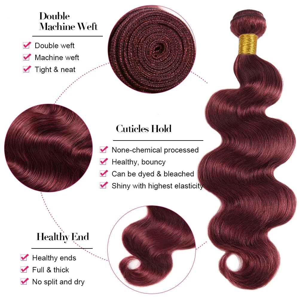 18 20 22 Inch 99J Human Hair Bundles Burgundy Body Wave Bundles Wine Red Body Wave Human Hair Bundles Brazilian Unprocessed Virgin Hair 3 Bundles 99J Bundles Human Hair Extensions