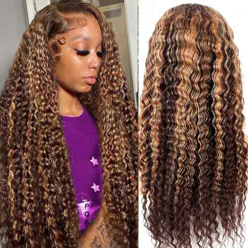 Highlight Ombre Lace Front Wig Human Hair Pre Plucked 13x6 HD Honey Blonde 4/27 Deep Wave Lace Frontal Wigs 200% Density Glueless Colored Wigs for Women Wet and Wavy Lace Front 18 Inch