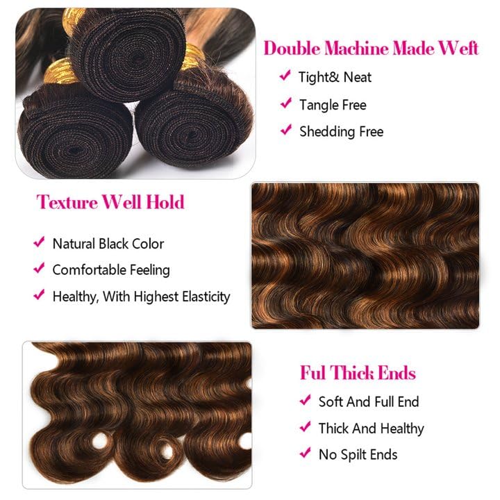 Ombre Human Hair Bundles Light Brown Body Wave Human Hair Bundles P1B/30 Body Wave Bundles Brazilian Unprocessed Virgin Hair 3 Bundles 8 10 12 Inch Highlight Body Wave Bundles