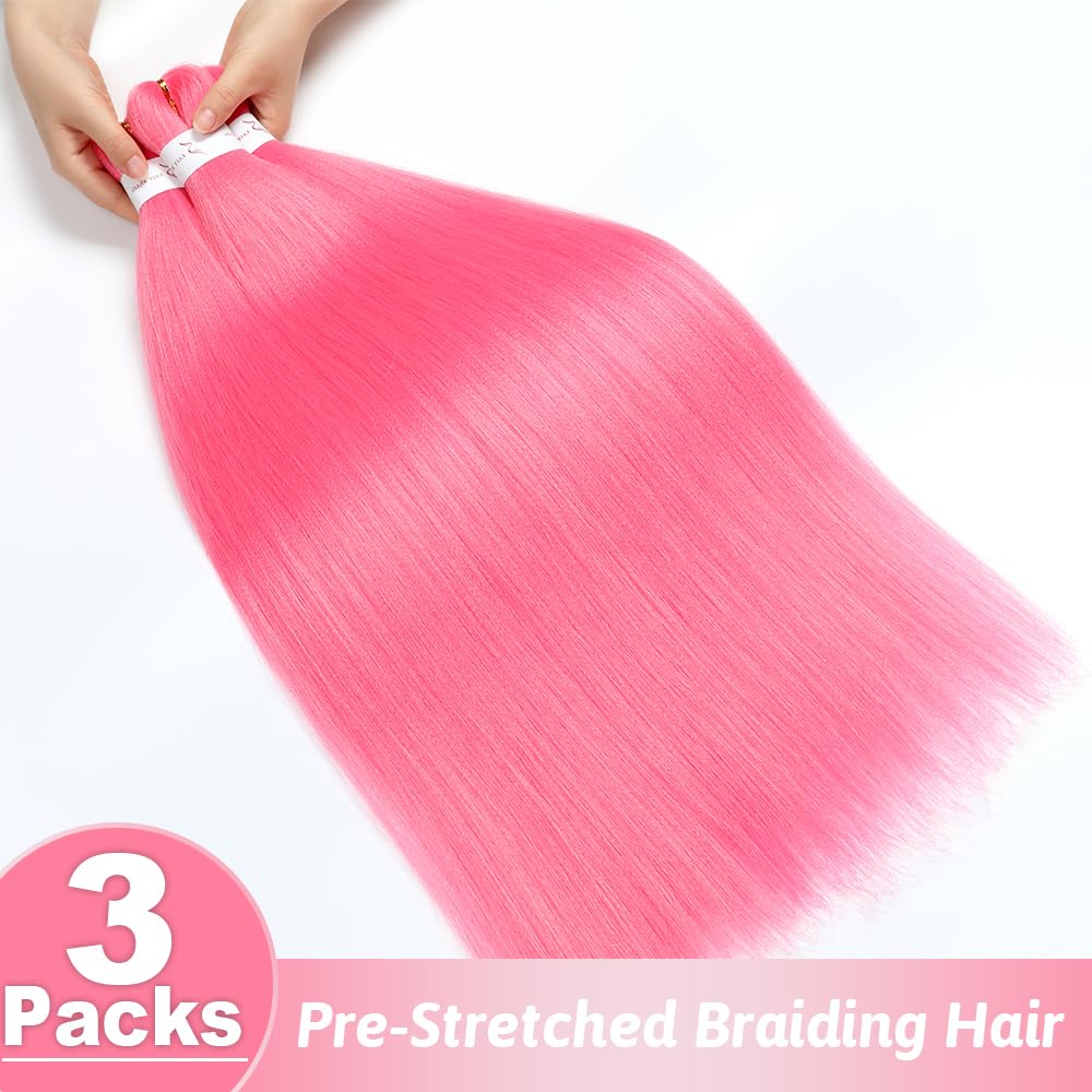 Braiding Hair Pre Stretched 14 inch 3 Packs Ombre Braiding Hair Professional Yaki Synthetic Hot Water Setting, Easy To Install Hair for Braiding(14in,Pink)