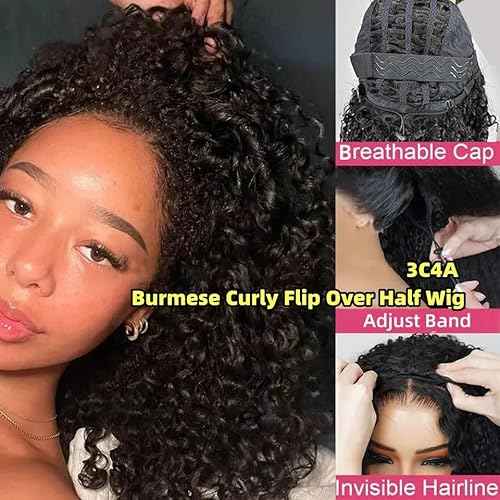 Half Human Hair Wig for Women - 18 Inch Burmese Spirally Curly Glueless Clip-In Wig, 200% Density, No Glue No Sew, Natural Black Color, No Leave Out V Shape Wigs,Heat Resistant & Easy Install