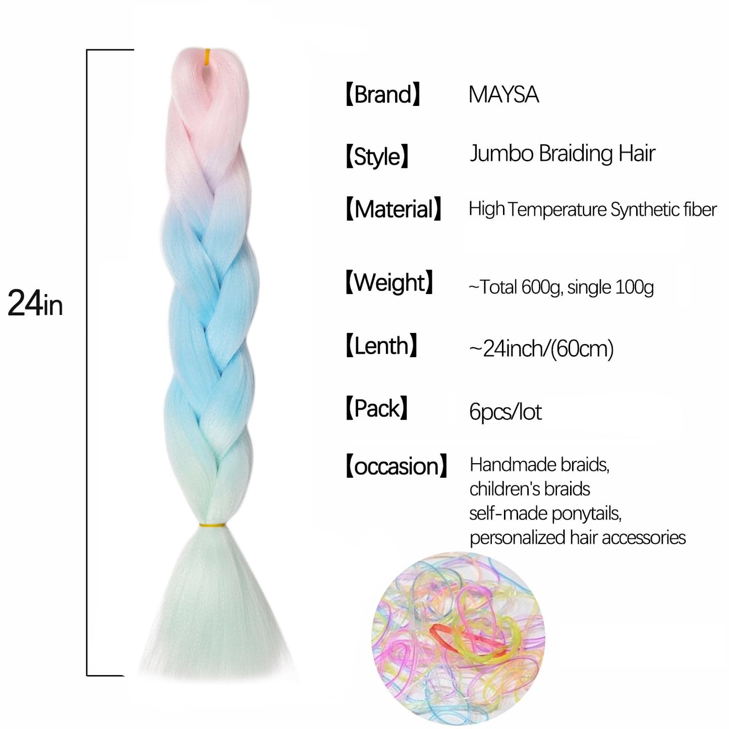 Rainbow Braiding Hair Colored Braiding Hair Extensions 24in 6Packs Jumbo Braiding Synthetic Hair Extension for Grils #Light pink-blue-Green