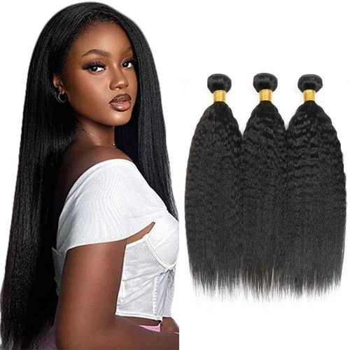 Human Hair Bundles Yaki Straight Bundles 20 20 20 Inch #1B Natural Color Kinky Straight Human Hair Extensions Double Weft Unprocessed Brazilian Virgin Hair 3 Bundle 50 Grams Per Bundle