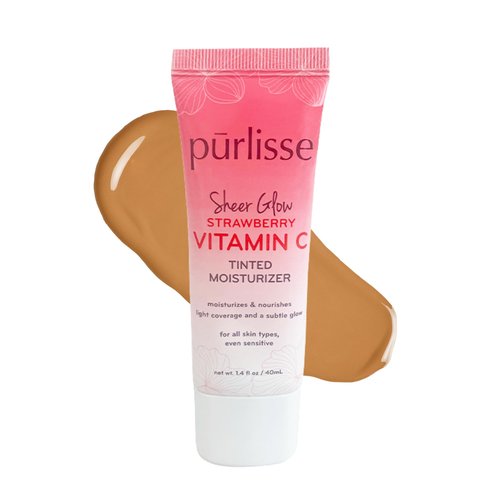 pürlisse Sheer Glow Strawberry Vitamin C Tinted Moisturizer - Skin Tint Moisturizer Enriched with Antioxidants to Even Complexion - Dewy Light Coverage for All Skin Types - Tan (1.4 oz)