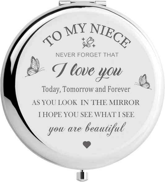 KGKAIMIZL Niece Gifts Compact Mirror Gifts for Niece from Aunt, Niece Makeup Compact Mirror(Sliver), Birthday Gifts for Niece from Aunt Uncle for Niece’s Birthday, Christmas