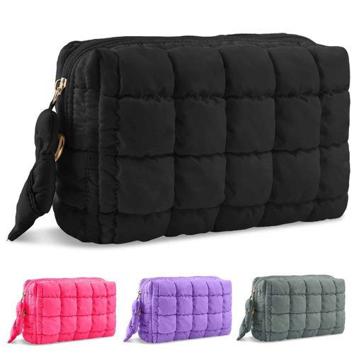 Puffer Quilted Makeup Bag Cosmetic Bags,Puffy Travel Toiletry Pouch for Women,Cute Checkered Zipper Bag Travel Essential,Portable Aesthetic Make up Organizer Bag for Gifts Work Daily(Black,M)