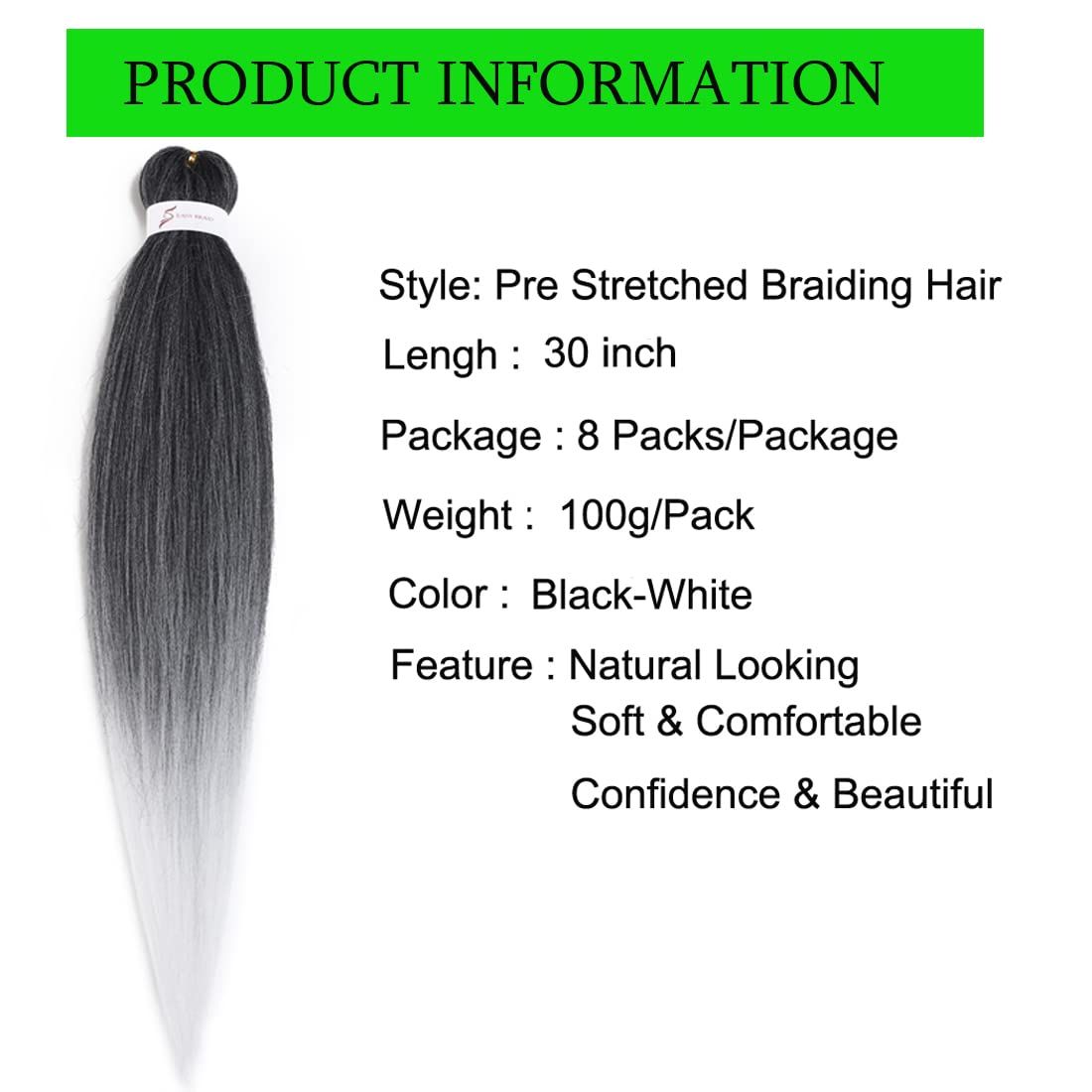 Pre Stretched Braiding Hair Extensions 30inch 8packs Mixed Color Professional Braids Hair Soft Yaki Straight Braid Hair Hot Water Setting Synthetic Crochet Hair (30inch,Mixed Black & White)