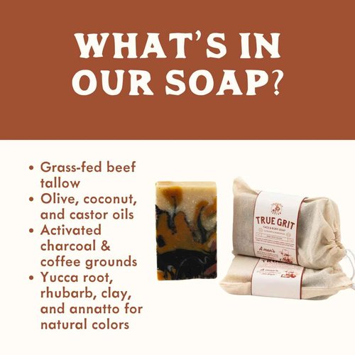 True Grit Tallow – Beef Tallow Soap Bar 3-Pack – John Wayne Inspired – Cedar & Campfire Scent – Cold Process Bar Soap with Activated Charcoal & Coffee Grounds – 4 oz Each
