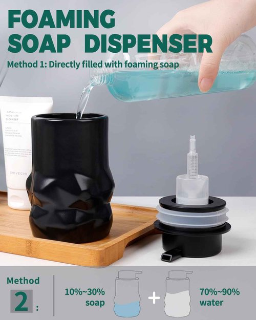 BosilunLife Hand Soap Dispenser - Foam Soap Dispenser Bathroom Ceramic Dish Liquid Soap Dispenser for Kitchen, Bathroom Countertop Soap Dispensers (Black-Foam-Sculpt)