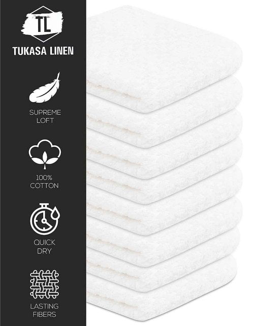 Tukasa Linens 16 Pack Cotton Washcloths for Body and Face, 12x12 Inches, Pack of 16, Multipurpose and Lightweight Wash Clothes for Face. Highly Absorbent - Travel and Bath Towel (White)