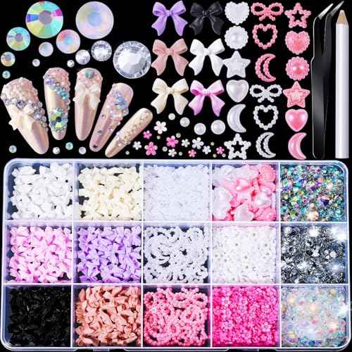 FANDAMEI Nail Charms and Gems, Charms for Nails Design, Nail Art Charms, Nail Design Kit, Rhinestones for Nails, Nail Gems, Bow Charms for Nails, 3D Flowers for Nails, Pearls for Nails