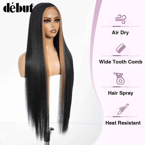DÉBUT 36 Inches Light Yaki Straight Lace Front Wigs Super Long Synthetic Hair Wig 13x4x0.5 Middle Part Natural Hairline with Baby Hair Skunk Stripe 1B Blonde Wig for Women