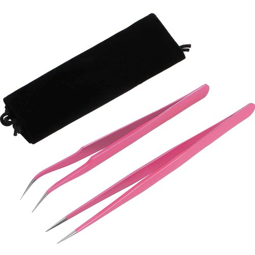 Hotop 2 Pieces Straight and Curved Tip Tweezers Eyelash Extension Tweezers, Stainless Steel False Lash Application Tools (Pink)